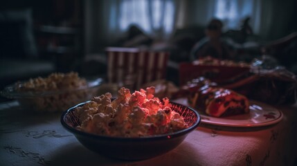 Halloween movie night with haunted house and popcorn