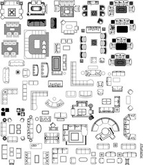 A large collection of black and white line art top-view illustrations of living room furniture, including sofas, tables, and various seating arrangements.