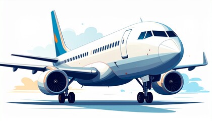 Fototapeta premium Commercial airplane on the runway preparing for takeoff, a symbol of travel and global connectivity, captured in a clear, bright illustration