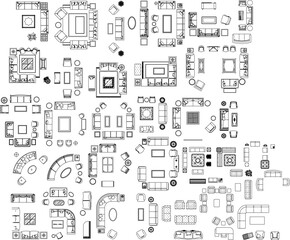 A large collection of black and white line art top-view illustrations of living room furniture, including sofas, tables, and various seating arrangements.
