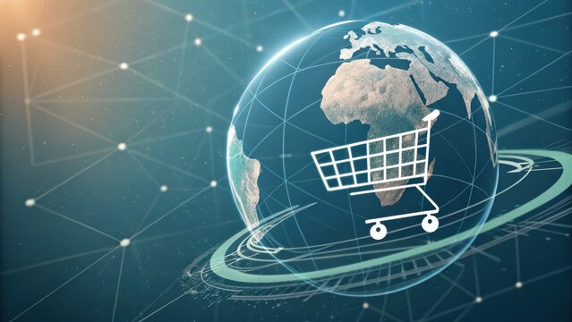 Shopping cart icon transitioning into a spinning global world