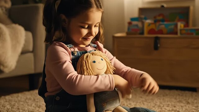 Little girl lovingly embraces her rag doll in a cozy, warmly lit room at home