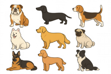 Various dog breeds including a bulldog, dachshund, beagle, golden retriever, pug, samoyed, german shepherd, poodle, and border collie