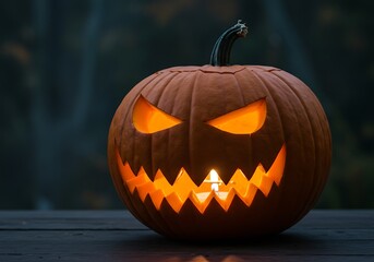 Obraz premium A spooky jack-o'-lantern with glowing eyes and a jagged smile, perfect for Halloween.