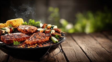 A delicious barbecue meal with grilled meat, vegetables, and corn on the cob.