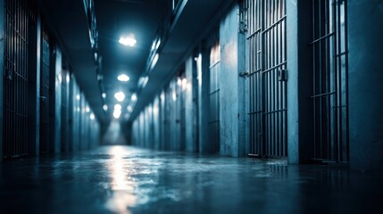 A dark, empty prison hallway with barred windows and concrete walls.