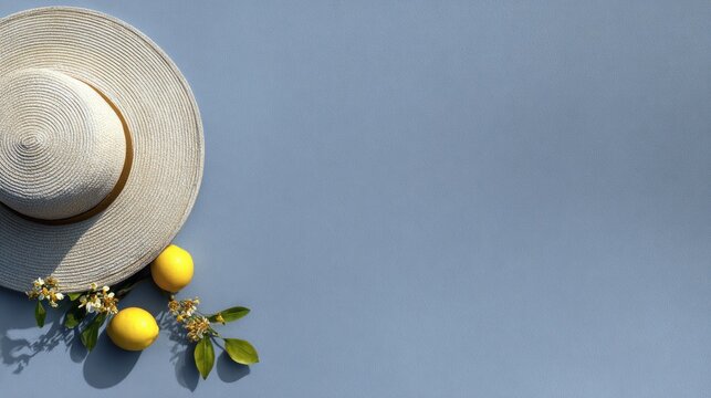 A white hat with a wide brim and a lemon on a blue background.
