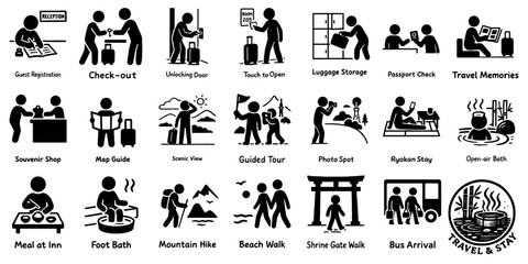 旅と宿泊のピクトグラムセット、Travel and Stay Pictogram Set
