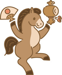 Japanese New Year's Greeting Card (Nengajo) - Horse dancing with fan and mallet