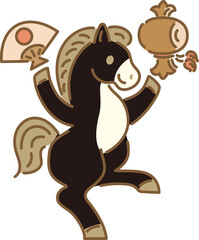 Japanese New Year's Greeting Card (Nengajo) - Horse dancing with fan and mallet