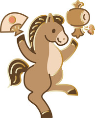 Japanese New Year's Greeting Card (Nengajo) - Horse dancing with fan and mallet
