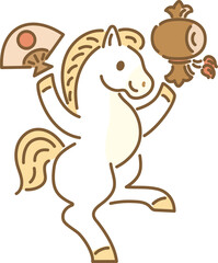 Japanese New Year's Greeting Card (Nengajo) - Horse dancing with fan and mallet