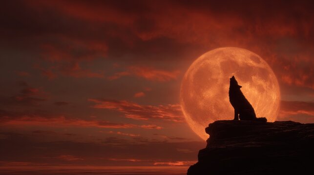 Silhouette of a howling wolf on rocky outcrop against giant orange moon and vibrant red clouds at night - Powered by Adobe
