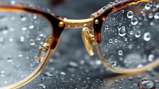 Close up of eyeglasses with water droplets and selective focus