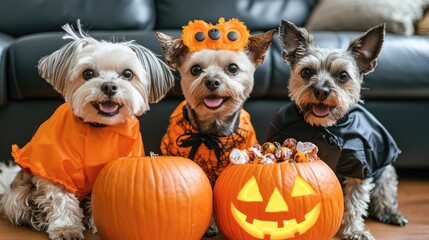 Three dogs in Halloween costumes with pumpkins and candy.