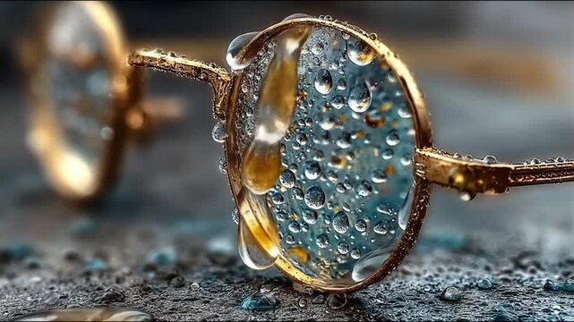 Close up of eyeglasses with water droplets reflecting light and textures