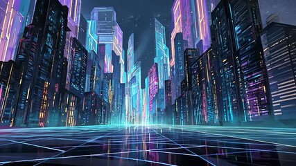 Futuristic cityscape at night with neon lights reflecting on wet pavement and digital billboards - Powered by Adobe