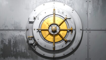 A close-up of a large, circular vault door with metal plating