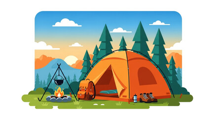 Camping scene illustration with tent, backpack, campfire, and forest outdoor adventure and nature exploration concept