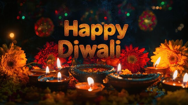 A festive Diwali scene with lit candles and flowers, with the text 'Happy Diwali' in the center. - Powered by Adobe