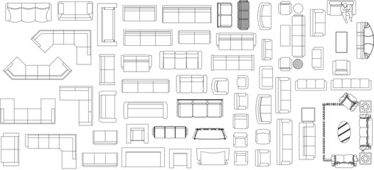 Black-and-white line sketches of various sofa and living room furniture layouts for interior design planning.