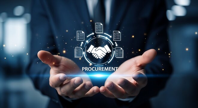 Businessman holding a digital interface showing procurement process with handshake and document icons