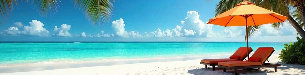 Obraz premium Relaxing Beach Getaway Turquoise Water, Lounge Chairs, Palm Trees, Idyllic Coastal Paradise