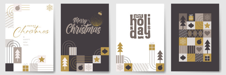 modern geometric Christmas greeting card design, Merry Christmas and happy new year background design, Holidays party invitation card, Christmas template cover with golden and brown color