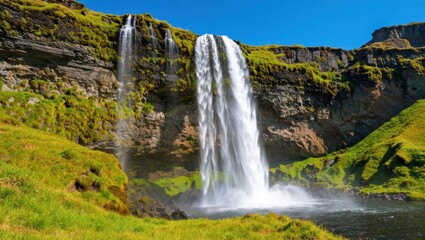 Obraz premium Majestic waterfall cascading down rocky cliff seljalandsfoss nature photography vibrant landscape scenic viewpoint