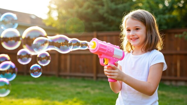 Girl playing with bubble gun in backyard fun outdoor activity natural light joyful mood
