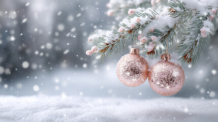 Frosted pine branch with soft pink Christmas baubles resting on fresh snow in bright winter light for holiday background and seasonal advertising