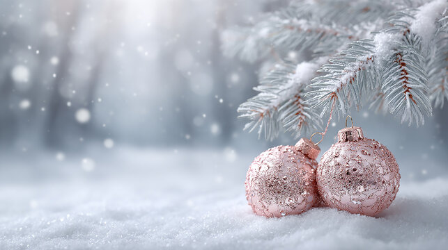 Frosted pine branch with soft pink Christmas baubles resting on fresh snow in bright winter light for holiday background and seasonal advertising