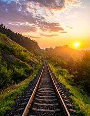 Fototapeta premium Railway tracks through vibrant green hills at sunset