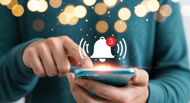 Person using a smartphone with a notification bell icon and a number 3 badge, symbolizing alerts and updates