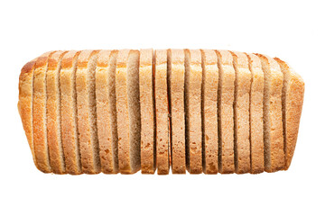 Slices of freshly baked bread are neatly arranged, showcasing a light golden crust and soft interior. This setup provides a clean background ideal for culinary designs and presentations.
