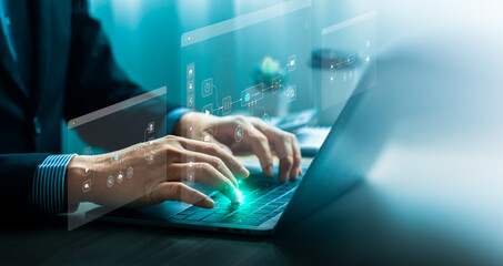 AI agent data tools and workflow automation concept with businessman typing on laptop and interacting with digital process interface for artificial intelligence development, integration, productivity