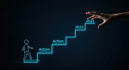 Personal Growth and Business Success Concept: Man Climbing Stairs with Goals and Action Text, Reaching for the Future and the New Year (2025).