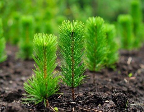 Young pine seedlings planted in dark soil