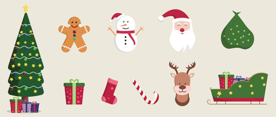 Colorful Christmas vector set featuring Santa, snowman, gifts, reindeer, and tree. Perfect for greeting cards, wrapping design, or festive decorations.
