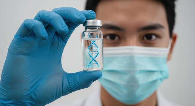 Asian Scientist in Mask and Gloves Holding Vaccine Vial with DNA Helix Graphic, Genetic Research Concept