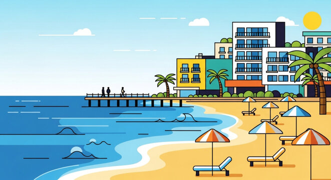 A vibrant coastal scene showcases a bustling beach with colorful buildings, palm trees, sunbeds, and umbrellas under a clear blue sky