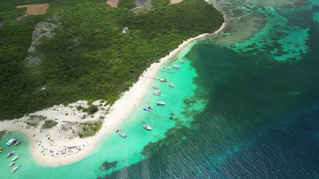 Drone Aerial View of Boats Docked near Cayo Icacos Island Beach, Fajardo, Puerto Rico