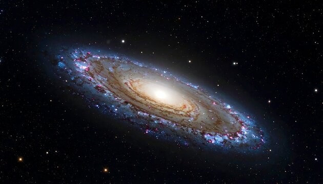 A vibrant spiral galaxy with numerous stars and pink/blue clusters in space