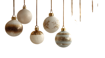 Chic urban loft with brick wall decorated with metallic Christmas ornaments, fairy lights, and festive hanging baubles, isolated on white background