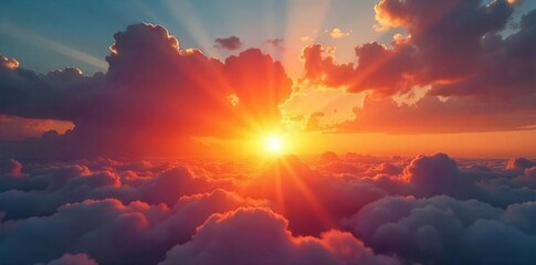 Breathtaking Sunset Vibrant Orange and Red Sun Rays Burst Through Clouds, Painting a Spectacular Natural Landscape Perfect for Travel and Nature Projects