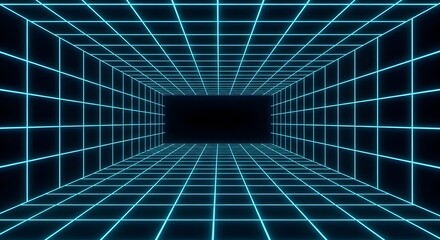 Retro Sci-Fi Grid Tunnel, Virtual Reality Environment, Neon Wireframe Background