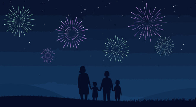A heartwarming flat design vector illustration depicting a family of four, represented by simple shapes, silhouetted against a night sky illuminated by colorful, geometric fireworks. 