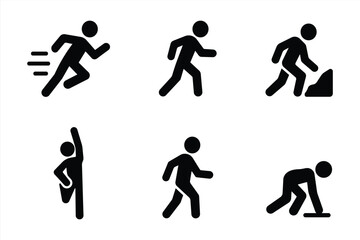 Runner Icon Set. Solid, filled icon set of runner activities: sprinting, jogging, marathon, trail running, warm-up, stretching