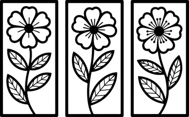 3 rectangular panels with large blooming flower outline laser cut design