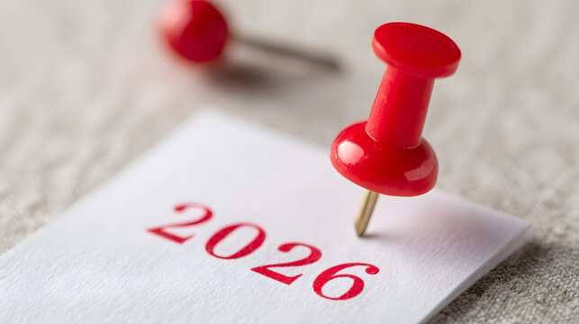 Red pin marks year 2026 on white paper